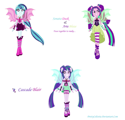 Size: 1342x1286 | Tagged: safe, artist:prettycelestia, aria blaze, sonata dusk, oc, oc:cascade blair, equestria girls, g4, boots, clothes, disguise, disguised siren, fusion, fusion:aria blaze, fusion:arisona, fusion:sonata dusk, gem, hairclip, high heel boots, multiple arms, ponied up, shoes, siren gem, sirenified, species swap, stockings, thigh highs