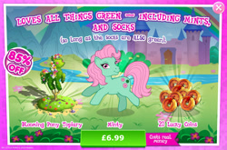 Size: 1962x1297 | Tagged: safe, gameloft, idw, minty, earth pony, pony, g1, g3, g4, my little pony: magic princess, advertisement, bush, costs real money, english, female, flower, idw showified, introduction card, mare, numbers, river, sale, solo, stream, text, that pony sure does love socks, water