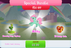 Size: 1258x861 | Tagged: safe, gameloft, idw, minty, earth pony, pony, g1, g3, g4, my little pony: magic princess, bundle, bush, costs real money, english, female, flower, g3 to g1, generation leap, idw showified, mare, numbers, sale, solo, text