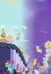 Size: 1909x2732 | Tagged: safe, composite screencap, edit, edited screencap, screencap, cloud kicker, dizzy twister, orange swirl, sassaflash, spring melody, sprinkle medley, sunshower raindrops, pegasus, pony, g4, princess twilight sparkle (episode), canterlot, panorama, split sky