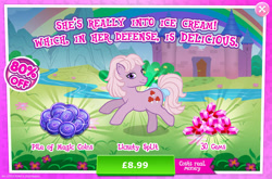 Size: 1961x1298 | Tagged: safe, gameloft, idw, lickety-split, earth pony, pony, g1, g4, my little pony: magic princess, advertisement, bow, costs real money, english, female, gem, idw showified, introduction card, magic coins, mare, numbers, river, sale, solo, stream, tail, tail bow, text, that pony sure does love ice cream, water