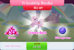 Size: 1262x857 | Tagged: safe, gameloft, idw, lickety-split, earth pony, pony, g1, g4, my little pony: magic princess, bow, bundle, costs real money, english, female, friendship bundle, gem, idw showified, magic coins, mare, numbers, sale, solo, tail, tail bow, text