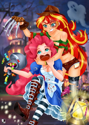 Size: 1000x1414 | Tagged: safe, artist:lord--opal, pinkie pie, sunset shimmer, ghost, human, undead, equestria girls, g4, a nightmare on elm street, alice, alice: madness returns, breasts, candy, cleavage, clothes, costume, crossover, duo, duo female, female, food, freddy krueger, halloween, halloween costume, human coloration, knife, lantern, open mouth, sweets
