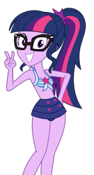 Size: 3111x5768 | Tagged: safe, artist:keronianniroro, edit, vector edit, sci-twi, twilight sparkle, human, equestria girls, equestria girls specials, g4, my little pony equestria girls: better together, my little pony equestria girls: forgotten friendship, adorkable, bare shoulders, bikini, clothes, cute, dork, female, front knot midriff, glasses, grin, looking at you, meganekko, midriff, peace sign, ponytail, sci-twi swimsuit, sci-twiabetes, simple background, sleeveless, smiling, solo, swimsuit, transparent background, twiabetes, vector