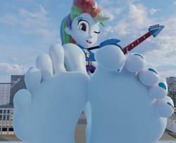 Size: 2311x1880 | Tagged: safe, artist:lulw73, rainbow dash, human, equestria girls, g4, 3d, barefoot, electric guitar, feet, female, fetish, foot fetish, foot focus, giantess, guitar, guitar solo, looking at you, macro, musical instrument, nail polish, one eye closed, playing guitar, scrunching toes, soles, source filmmaker, toenail polish, toes, wiggling toes, wink, winking at you