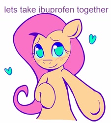 Size: 1909x2109 | Tagged: safe, artist:draw3, fluttershy, pegasus, pony, g4, 2022, blushing, bronybait, bust, dialogue, drugs, female, heart, high res, ibuprofen, looking at you, no pupils, reaching, simple background, simple shading, smiling, smiling at you, solo, talking to viewer, underhoof, wat, white background, wingless