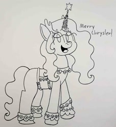 Size: 1268x1389 | Tagged: safe, artist:spoopygirl, izzy moonbow, pony, unicorn, g5, christmas, christmas lights, female, harness, holiday, intentional spelling error, jingle bells, lineart, solo, star of david, tack, traditional art