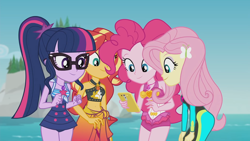 Size: 1920x1080 | Tagged: safe, screencap, fluttershy, pinkie pie, sci-twi, sunset shimmer, twilight sparkle, human, equestria girls, g4, my little pony equestria girls: better together, unsolved selfie mysteries, bare shoulders, belly button, bikini, bikini top, cellphone, clothes, female, fluttershy's wetsuit, geode of empathy, geode of fauna, geode of sugar bombs, geode of telekinesis, glasses, group, hairpin, legs together, magical geodes, one-piece swimsuit, phone, pinkie pie swimsuit, ponytail, quartet, sarong, sci-twi swimsuit, sleeveless, smartphone, swimsuit, water, wetsuit