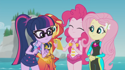 Size: 1920x1080 | Tagged: safe, screencap, fluttershy, pinkie pie, sci-twi, sunset shimmer, twilight sparkle, human, equestria girls, g4, my little pony equestria girls: better together, unsolved selfie mysteries, bare shoulders, belly button, bikini, bikini top, cellphone, clothes, eyes closed, female, fluttershy's wetsuit, geode of empathy, geode of fauna, geode of sugar bombs, geode of telekinesis, glasses, group, hairpin, legs together, magical geodes, one-piece swimsuit, phone, pinkie pie swimsuit, ponytail, quartet, sarong, sci-twi swimsuit, sleeveless, smartphone, swimsuit, water, wetsuit