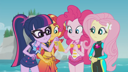 Size: 1920x1080 | Tagged: safe, screencap, fluttershy, pinkie pie, sci-twi, sunset shimmer, twilight sparkle, human, equestria girls, g4, my little pony equestria girls: better together, unsolved selfie mysteries, bare shoulders, belly button, bikini, bikini top, cellphone, clothes, female, fluttershy's wetsuit, geode of empathy, geode of fauna, geode of sugar bombs, geode of telekinesis, glasses, group, hairpin, legs together, magical geodes, one-piece swimsuit, phone, pink swimsuit, pinkie pie swimsuit, ponytail, quartet, sarong, sci-twi swimsuit, sleeveless, smartphone, swimsuit, water, wetsuit