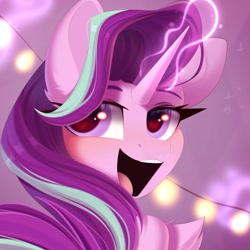 Size: 1503x1503 | Tagged: safe, artist:kebchach, starlight glimmer, pony, unicorn, g4, :d, blushing, bust, chest fluff, female, glowing, glowing horn, hair over one eye, heart, heart eyes, horn, looking at you, looking back, looking back at you, magic, magic aura, mare, open mouth, open smile, smiling, solo, wingding eyes