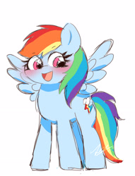 Size: 2491x3268 | Tagged: safe, artist:leo19969525, rainbow dash, pegasus, pony, g4, blushing, cute, dashabetes, hair, happy, looking at you, mane, multicolored hair, open mouth, open smile, rainbow hair, rainbow tail, simple background, smiling, spread wings, tail, white background, wings