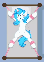 Size: 1536x2166 | Tagged: safe, artist:equestria secret guard, oc, oc only, oc:blueblaze stardust, pony, unicorn, armpits, bed, belly button, bondage, eyebrows, featureless crotch, female, frown, helpless, horn, horn ring, jewelry, lying down, magic suppression, on back, on bed, ring, rope, rope bondage, scared, sexy, solo, spread eagle, teeth, tied to bed, tied up, unicorn oc