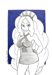 Size: 764x1100 | Tagged: safe, artist:brother-tico, adagio dazzle, human, equestria girls, g4, breasts, cleavage, clothes, dress, female, hand on hip, huevember, solo, traditional art