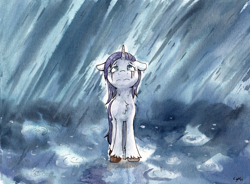 Size: 6319x4658 | Tagged: safe, artist:lightisanasshole, rarity, pony, unicorn, g4, absurd file size, crying, female, floppy ears, looking up, makeup, night, partially submerged, rain, running makeup, sad, simple background, solo, standing in water, tears of pain, unshorn fetlocks, water, wet, wet mane, wet mane rarity