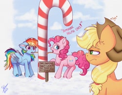 Size: 2083x1623 | Tagged: safe, artist:galaxy swirl, applejack, pinkie pie, rainbow dash, earth pony, pegasus, pony, g4, :s, applejack is not amused, candy, candy cane, female, food, heart, heart eyes, mare, muffled words, rainbow dumb, sigh, sign, stupidity, tongue out, tongue stuck to pole, too dumb to live, trio, trio female, unamused, wavy mouth, wingding eyes