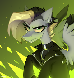 Size: 1900x2000 | Tagged: safe, artist:rtootb, oc, oc only, oc:tlen borowski, pegasus, pony, angry, clothes, digital art, ear piercing, female, fire, jacket, leather, leather jacket, looking at you, pegasus oc, piercing, simple background, solo, wings