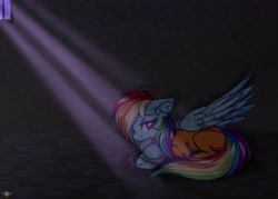Size: 3500x2500 | Tagged: safe, artist:stesha, rainbow dash, pegasus, pony, g4, bound wings, cell, chains, clothes, commissioner:rainbowdash69, cuffed, cuffs, high res, jail, jail cell, jumpsuit, never doubt rainbowdash69's involvement, prison, prison outfit, prisoner, prisoner rd, sad, shackles, solo, wings
