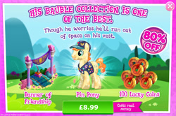 Size: 1956x1296 | Tagged: safe, gameloft, fair trade, crystal pony, pony, g4, advertisement, banner, banner of friendship, book, bucktooth, bush, clothes, costs real money, english, hat, introduction card, lucky coin, male, numbers, pins, quill, rhyme, sale, shirt, solo, stallion, text