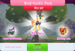 Size: 1266x857 | Tagged: safe, gameloft, fair trade, crystal pony, pony, g4, my little pony: magic princess, banner, banner of friendship, book, bucktooth, bundle, bush, clothes, costs real money, english, hat, male, numbers, pins, quill, sale, shirt, solo, stallion, text, tree