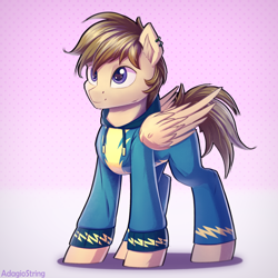 Size: 2000x2000 | Tagged: safe, artist:adagiostring, oc, oc only, pegasus, pony, g4, wonderbolts academy, clothes, commission, commission open, full body, high res, male, pegasus oc, simple background, solo, stallion, standing, tracksuit, uniform, wonderbolts, wonderbolts uniform