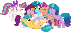 Size: 7115x3255 | Tagged: safe, alternate version, artist:ejlightning007arts, hitch trailblazer, izzy moonbow, misty brightdawn, pipp petals, sunny starscout, zipp storm, earth pony, pegasus, pony, unicorn, g4, g5, my little pony: make your mark, my little pony: make your mark chapter 2, my little pony: tell your tale, spoiler:g5, spoiler:my little pony: make your mark chapter 2, spoiler:my little pony: tell your tale, absurd resolution, adorapipp, adorazipp, base used, bracelet, confused, cute, eyes closed, female, flying, friendship bracelet, frown, g5 to g4, generation leap, grin, group, group hug, happy, hitchbetes, hug, izzybetes, jewelry, lying down, male, mane five, mane six (g5), mane stripe sunny, mare, mistybetes, open mouth, open smile, sextet, simple background, smiling, spread wings, stallion, sunnybetes, transparent background, vector, wall of tags, wings