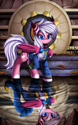 Size: 2750x4409 | Tagged: safe, artist:pridark, oc, oc only, bat pony, pony, fallout equestria, armor, bat pony oc, commission, enclave, enclave armor, female, mare, pipbuck, puddle, reflection, vault
