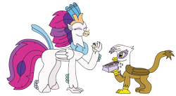Size: 3264x1794 | Tagged: safe, artist:supahdonarudo, gilda, queen novo, classical hippogriff, griffon, hippogriff, series:novoember, g4, my little pony: the movie, eating, griffon scone, holding, redraw, simple background, transparent background, tray