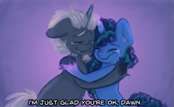 Size: 693x427 | Tagged: safe, artist:kreeeeeez, alphabittle blossomforth, misty brightdawn, pony, unicorn, g5, crying, dawn blossomforth, duo, family, father and child, father and daughter, female, freckles, heartwarming in hindsight, hug, male, mare, misty blossomforth, purple background, reunion, simple background, stallion, theory