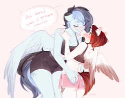 Size: 1599x1259 | Tagged: safe, artist:bylullabysoft, oc, oc only, oc:icy snow, oc:ombre feather, pegasus, anthro, blushing, breasts, butt touch, cleavage, duo, ear blush, eyes closed, female, hand on butt, lesbian, oc x oc, pegasus oc, shipping, size difference, wings