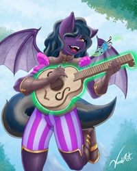 Size: 2480x3100 | Tagged: safe, artist:vandyart, oc, oc only, bat pony, anthro, anthro oc, bard, bat pony oc, fantasy class, female, guitar, high res, musical instrument, one eye closed, open mouth, singing, solo, wink