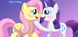 Size: 2259x1080 | Tagged: safe, artist:fruiitypieq, artist:shycookieq, fluttershy, rarity, pegasus, pony, unicorn, g4, blushing, duo, female, gradient background, hoof on chin, lesbian, looking at each other, looking at someone, looking into each others eyes, open mouth, open smile, ship:flarity, shipping, smiling