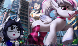 Size: 3500x2090 | Tagged: safe, artist:ichimoral, oc, oc only, oc:windbreaker, pegasus, pony, temmie, anthro, building, carrot, city, clothes, crowd, female, food, furry, giant pony, glasses, high res, macro, mare, open mouth, pegasus oc, raised hoof, skyscraper, socks, striped socks, tongue out, undertale