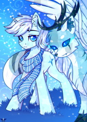 Size: 2500x3500 | Tagged: safe, artist:stesha, oc, oc only, oc:christopher snowfall glitter, crystal pony, draconequus, pony, unicorn, the crystal empire 10th anniversary, blue eyes, chest fluff, clothes, commission, crystallized, draconequus oc, ear fluff, full body, grass, grass field, high res, horn, looking at something, looking at you, male, scarf, sky, sky background, snow, snowfall, stallion, standing, unicorn oc, white mane, winter