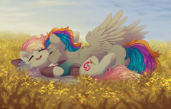 Size: 3500x2230 | Tagged: safe, artist:floweryoutoday, oc, oc only, oc:blazey sketch, oc:pixel codec, pegasus, pony, blushing, bow, cheek fluff, clothes, commission, cuddling, detailed background, duo, duo male and female, ear fluff, eyes closed, female, giggling, gradient hooves, grey fur, hair bow, high res, kissing, long hair, long tail, male, mare, multicolored hair, neck kiss, oc x oc, pegasus oc, shipping, short hair, smooch, spread wings, stallion, straight, sweater, tail, wings