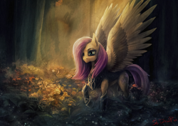Size: 2000x1414 | Tagged: safe, artist:stdeadra, fluttershy, pegasus, pony, g4, armor, badass, female, flower, flutterbadass, forest, forest background, grass, light, looking at you, mare, outdoors, pink hair, raised hoof, solo, spread wings, three quarter view, wings
