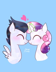 Size: 1074x1368 | Tagged: safe, artist:petaltwinkle, rumble, sweetie belle, pegasus, pony, unicorn, g4, blue background, blushing, colt, cute, duo, eyes closed, female, filly, foal, glowing, glowing horn, heart, horn, male, nuzzling, ship:rumbelle, shipping, simple background, straight