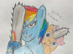 Size: 2048x1512 | Tagged: safe, artist:sasutan1123, rainbow dash, scootaloo, pegasus, pony, :p, anime, chainsaw, chainsaw man, crayon drawing, denji, duo, duo female, eyebrows, female, filly, foal, grin, mare, pochita, signature, smiling, tongue out, traditional art