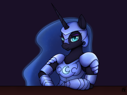 Size: 3000x2256 | Tagged: safe, artist:naen, nightmare moon, alicorn, anthro, plantigrade anthro, g4, armor, female, frown, high res, horn, looking at you, mare, nightmare moon is not amused, signature, solo, unamused, wingless, wingless anthro