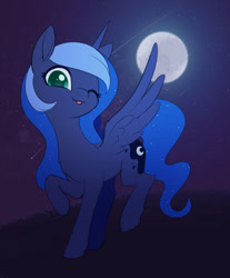 Size: 1024x1239 | Tagged: safe, artist:dusthiel, princess luna, alicorn, pony, g4, ethereal mane, female, full moon, looking at you, mare, missing accessory, moon, night, night sky, novembrush, one eye closed, outdoors, raised hoof, raised leg, shooting star, sky, solo, spread wings, standing on two hooves, starry mane, stars, tongue out, wings