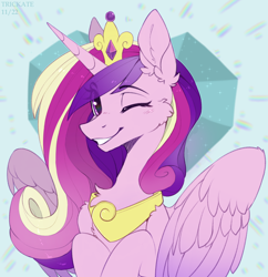 Size: 2000x2066 | Tagged: safe, artist:trickate, princess cadance, alicorn, pony, g4, cheek fluff, crown, cute, cutedance, ear fluff, eye clipping through hair, female, high res, jewelry, looking at you, mare, one eye closed, regalia, smiling, smiling at you, wink, winking at you