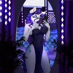 Size: 2048x2048 | Tagged: safe, artist:livitoza, rarity, unicorn, anthro, g4, breasts, busty rarity, clothes, dress, female, high res, mirror, nail polish, phone, plants, selfie, sexy, side slit, solo, stupid sexy rarity, total sideslit