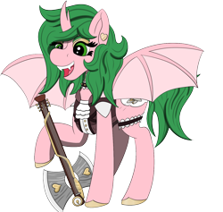 Size: 1264x1200 | Tagged: safe, artist:gray star, oc, oc only, alicorn, bat pony, bat pony alicorn, hybrid, pony, axe, axe guitar, bat wings, battle axe, commission, fangs, frilly, horn, punk, simple background, solo, steampunk, transparent background, weapon, wings