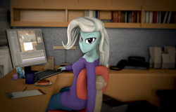 Size: 3372x2160 | Tagged: safe, artist:sfmaniaceq, trixie, human, pony, equestria girls, g4, 3d, angry, chair, clothes, computer mouse, desk, error, female, high res, keyboard, meme, monitor, sitting, solo, source filmmaker