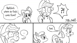 Size: 1200x675 | Tagged: safe, artist:pony-berserker, apple bloom, applejack, earth pony, pony, pony-berserker's twitter sketches, pony-berserker's twitter sketches (2022), g4, avoiding the question, duo, exclamation point, interrobang, question mark, where do babies come from?