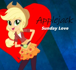 Size: 3510x3240 | Tagged: safe, alternate version, applejack, human, eqg summertime shorts, equestria girls, legend of everfree, make up shake up, album, album cover, apple, background human, boots, clothes, fefe dobson, food, hat, legs, night, party, shoes, singer, single, skirt, solo