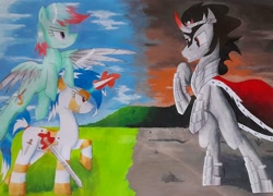 Size: 2447x1766 | Tagged: safe, artist:thecrimsonspark, king sombra, oc, oc:murky silentium, oc:watercolor (the coco clan), monster pony, pegasus, pony, unicorn, the crystal empire 10th anniversary, g4, the crystal empire, angry, armor, black mane, blades, blue mane, coat markings, colored, colored horn, combat mode, commission, commissioner:rautamiekka, crown, curved horn, ears up, equestria, eyelashes, eyes open, fangs, feathered wings, female, female oc, floating, floppy ears, green coat, green mane, hooves, horn, imminent fight, jewelry, magic, magic aura, male, mane, mare, no eyelashes, partial transformation, pegasus oc, pegasus wings, physique difference, pony oc, ponytail, purple eyes, raised hoof, raised leg, ready to fight, rearing, red eyes, red mane, regalia, short mane, sky, smiling, smirk, sombra horn, sombra's cape, stallion, standing, stripes, sword, tail, tail band, teeth, telekinesis, traditional art, trio, two toned mane, two toned tail, unicorn oc, weapon, white coat, white mane, wings