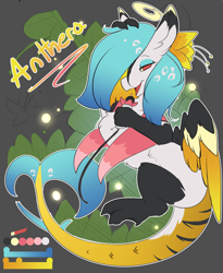 Size: 2838x3468 | Tagged: safe, artist:beardie, oc, oc only, oc:anthera overtone, draconequus, dragon, hybrid, antennae, color palette, dragoness, feather, female, flower, halo, high res, microphone, reference sheet, solo, wings