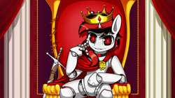 Size: 2560x1440 | Tagged: safe, artist:dacaoo, oc, oc only, oc:blackjack, cyborg, pony, unicorn, fallout equestria, fallout equestria: project horizons, amputee, artificial hands, clothes, crown, cybernetic legs, fanfic art, horn, jewelry, regalia, small horn, solo, sword, throne, wallpaper, weapon