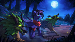 Size: 2600x1463 | Tagged: safe, artist:redchetgreen, oc, oc only, oc:fenris ebonyglow, pegasus, pony, timber wolf, clothes, detailed background, full moon, moon, night, scarf